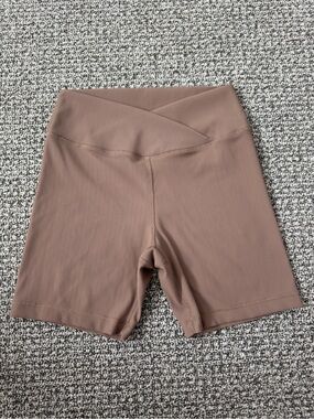 Mocha Ribbed Maternity Crisscross Biker Shorts